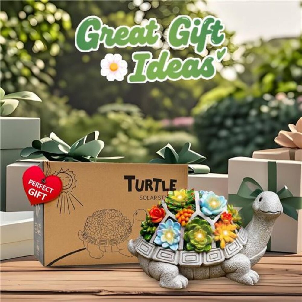 Nacome Solar Garden Outdoor Statues Turtle with Succulent and 7 LED Lights - - Picture 3 of 7